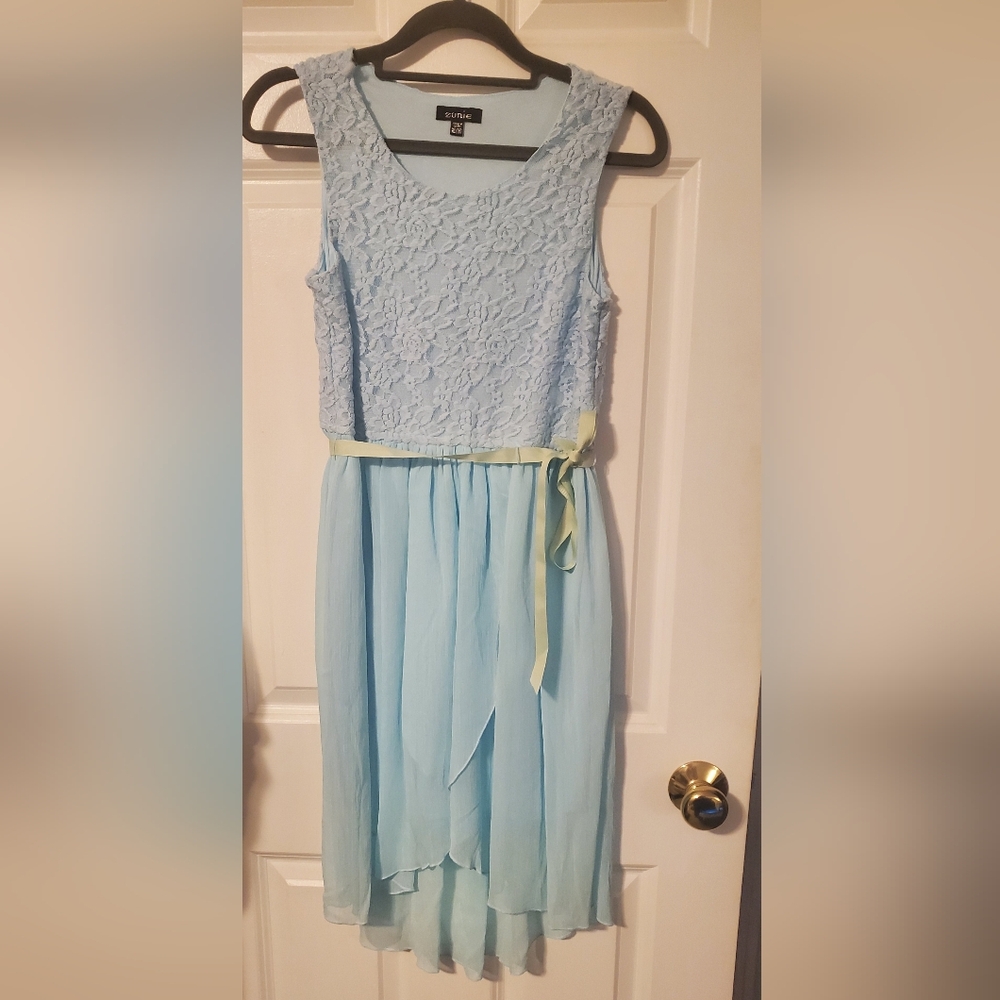 Blue Floral Lace Girls Dress With Sash